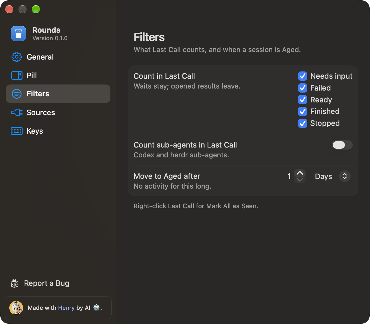 The Filters page in Settings