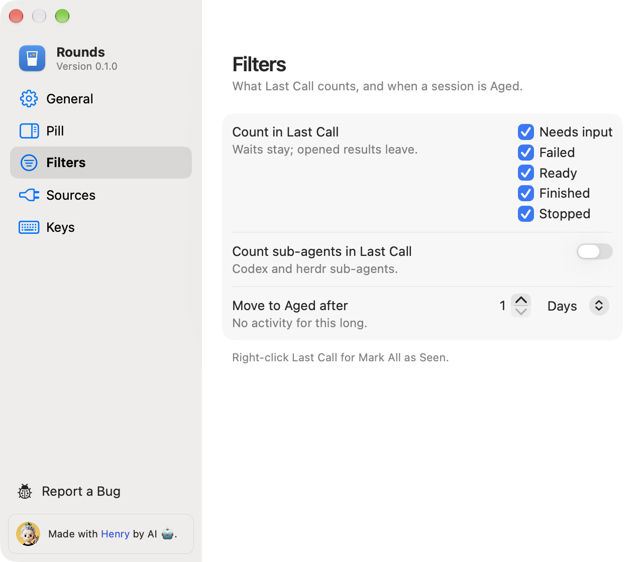 The Filters page in Settings