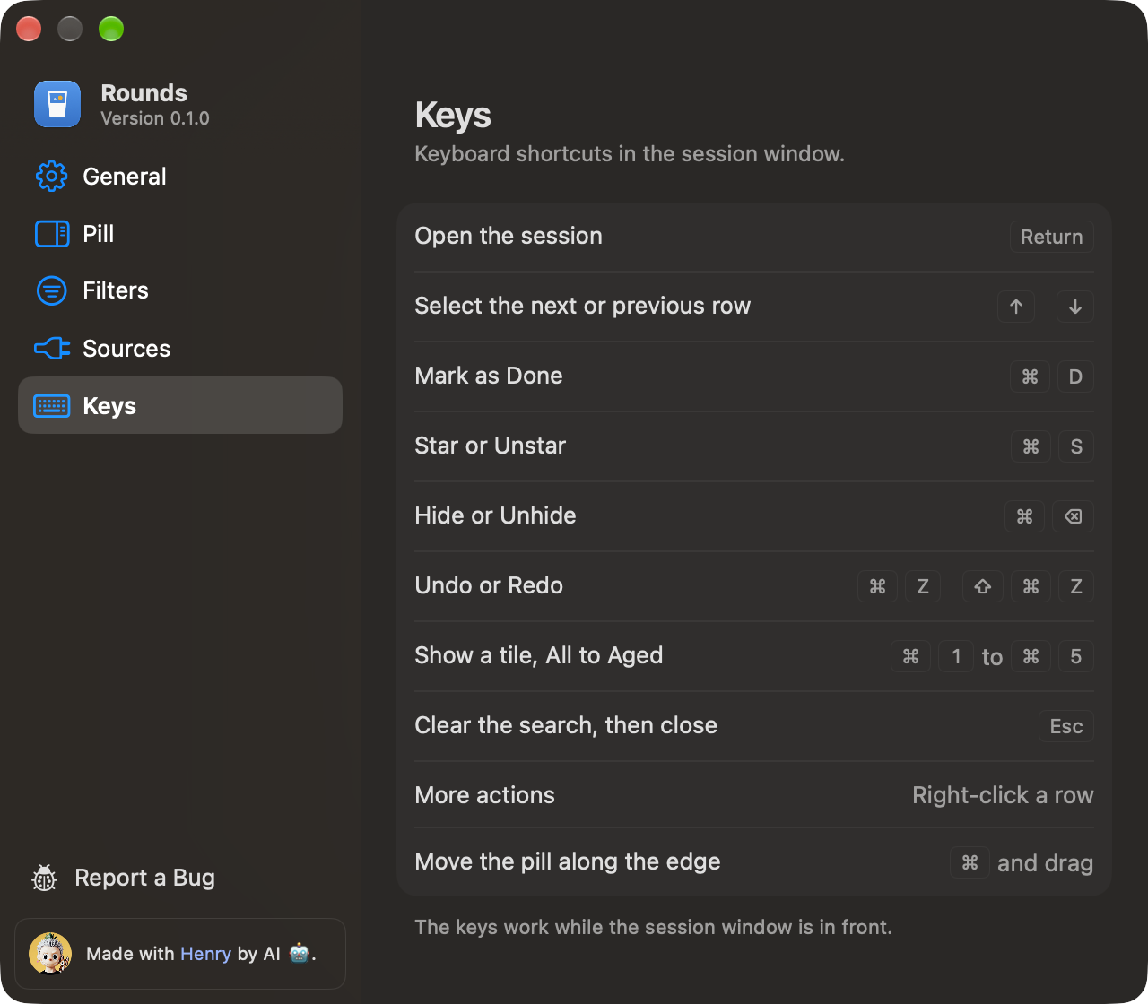 The Keys page in Settings