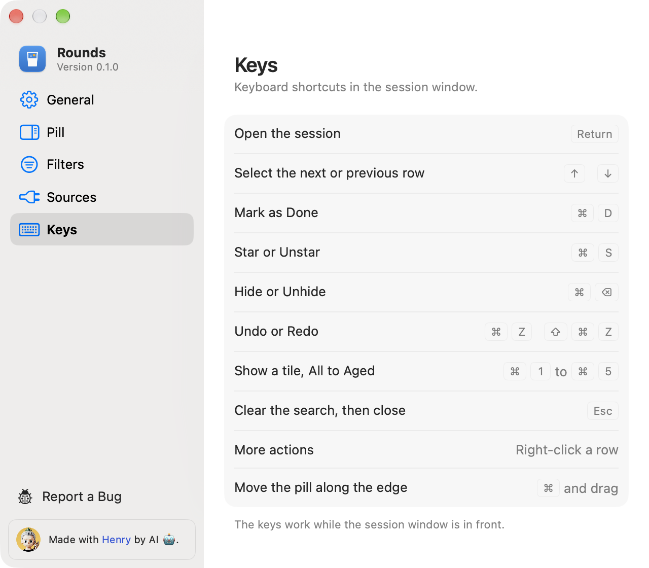 The Keys page in Settings