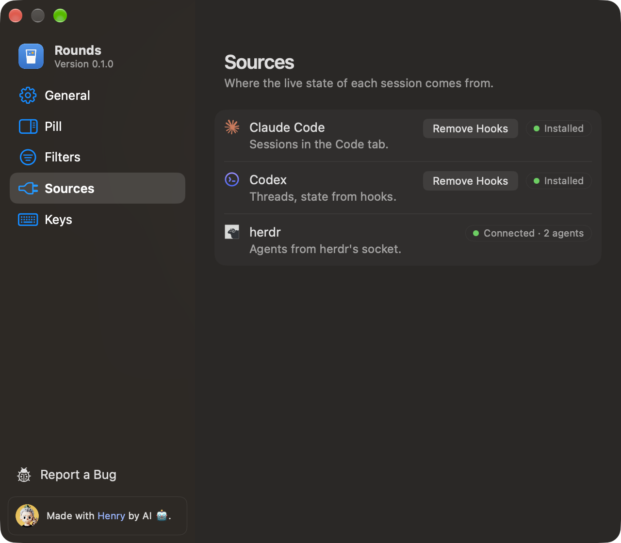 The Sources page in Settings