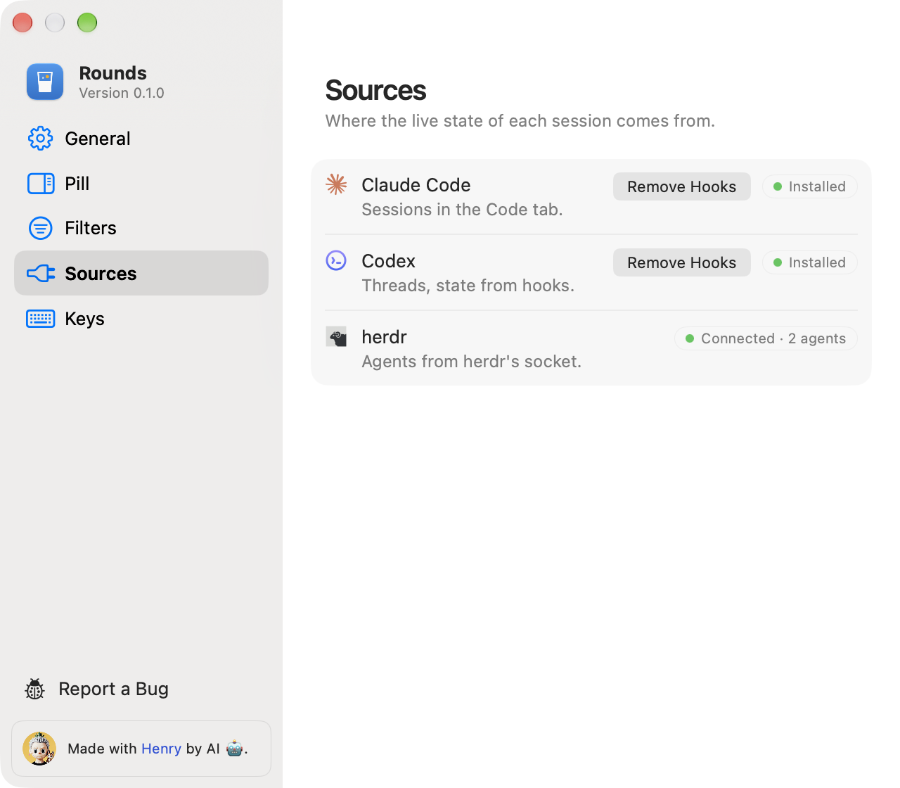 The Sources page in Settings